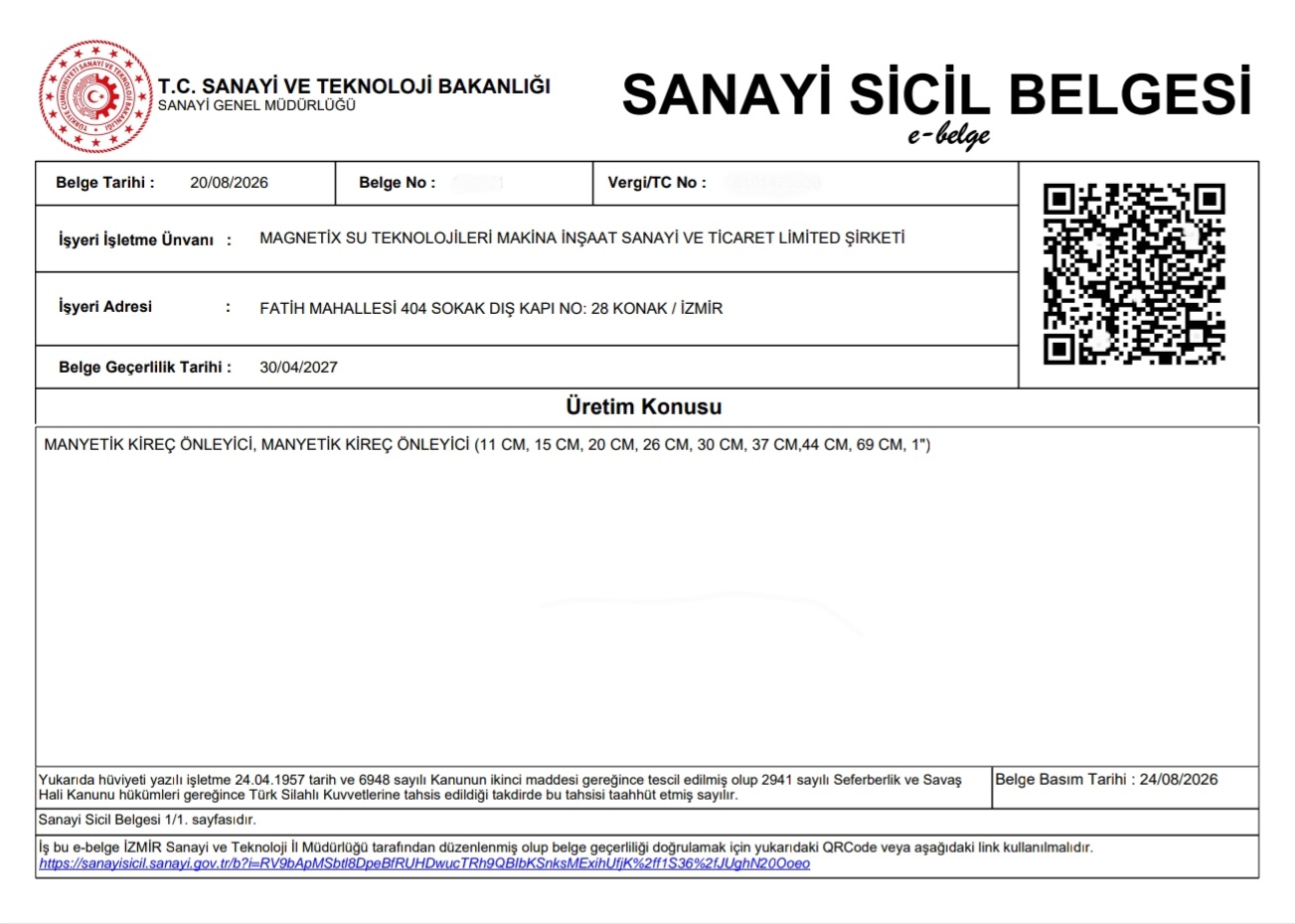 SANAYİ SİCİL BELGESİ